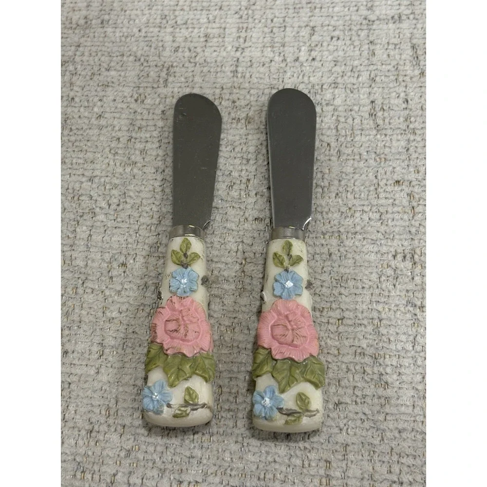 Pfaltzgraff Tea Rose‎ Floral Spreaders Set of 2 Dip Jam Cheese Knives